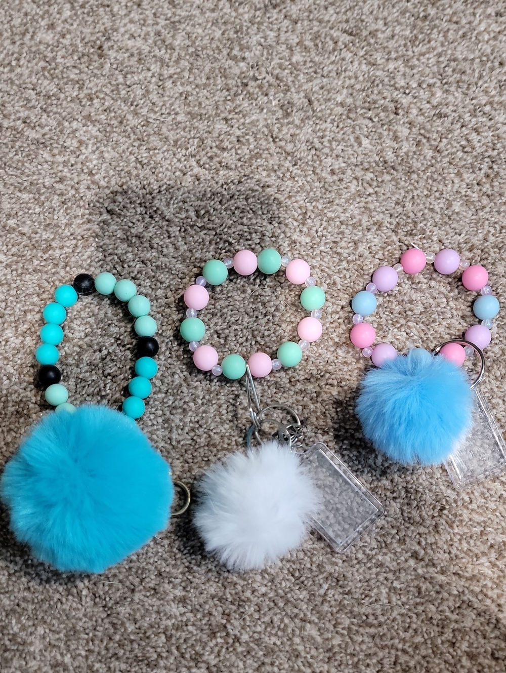 Kids Beaded Wristlet Keychain with Pom Pom - Blue, White, Pink